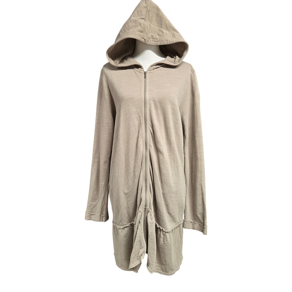 J. Jill Pure Jill Long Zip Up Hoodie Ruffle Hem Jacket Beige Tan Cotton Size L